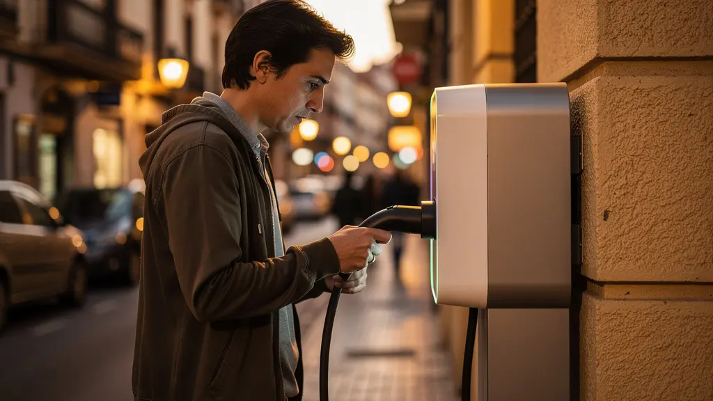 Estación de carga pública para vehículos eléctricos en entorno urbano español