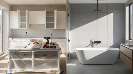 Cocina y baño modernos en proceso de reforma con materiales de alta calidad y herramientas profesionales