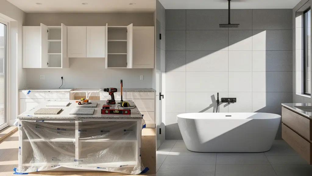 Cocina y baño modernos en proceso de reforma con materiales de alta calidad y herramientas profesionales