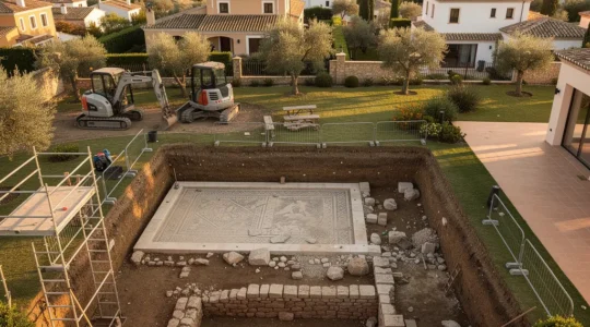Vista aérea de una excavación arqueológica en un jardín residencial mostrando restos romanos bajo la construcción de una piscina