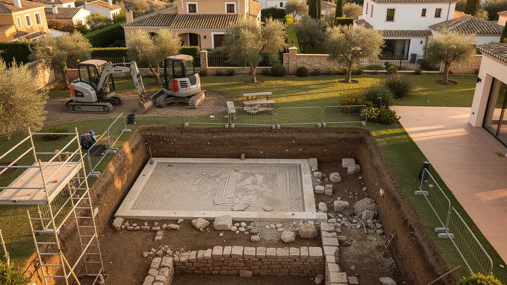 Vista aérea de una excavación arqueológica en un jardín residencial mostrando restos romanos bajo la construcción de una piscina