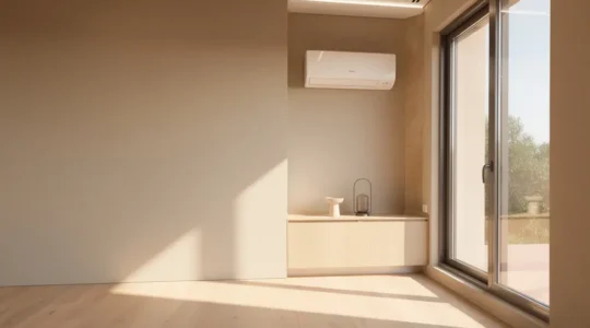 Interior moderno de apartamento con ventanas eficientes y luz natural destacando elementos de eficiencia energética
