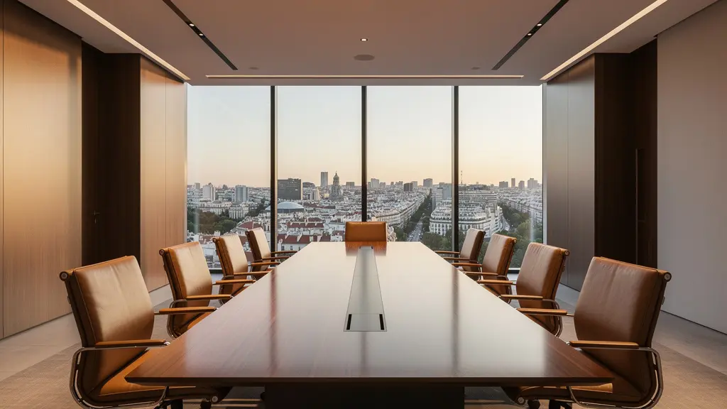 Sala de reuniones elegante en centro de negocios con vista panorámica de Madrid