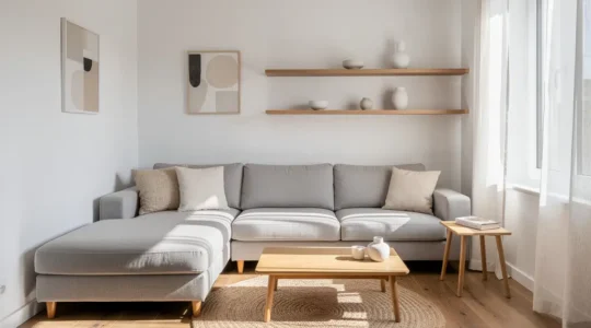 Salón de 20 metros cuadrados con sofá chaise longue en tonos neutros