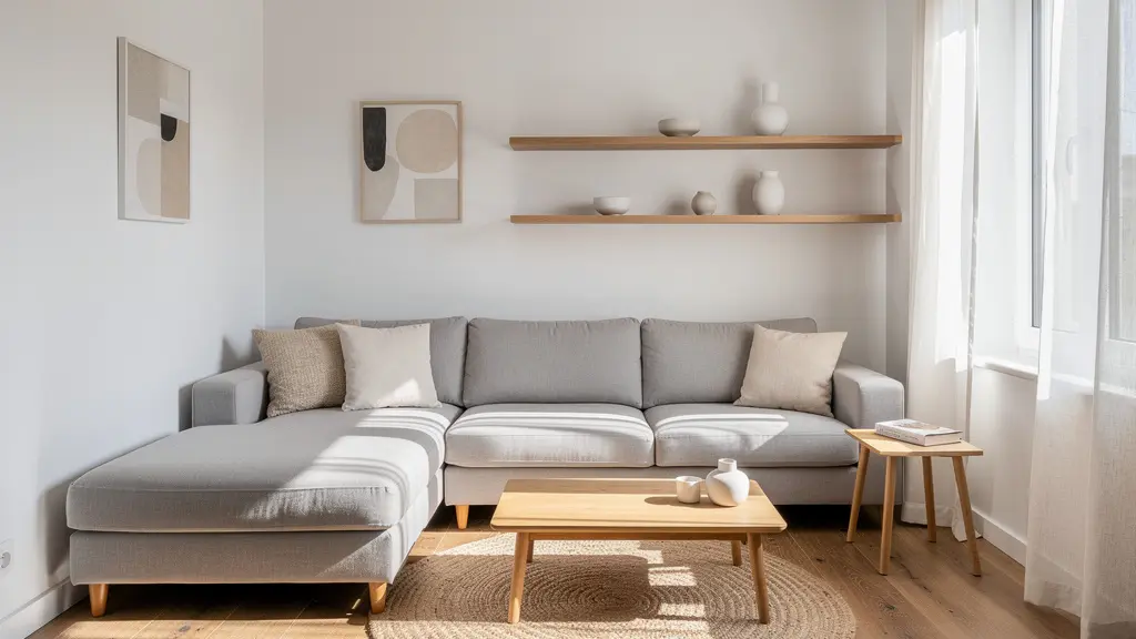 Salón de 20 metros cuadrados con sofá chaise longue en tonos neutros