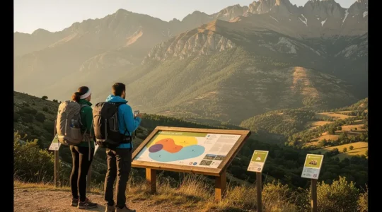 Senderistas contemplando paisaje de montaña en reserva de biosfera española con señalización de zonas protegidas
