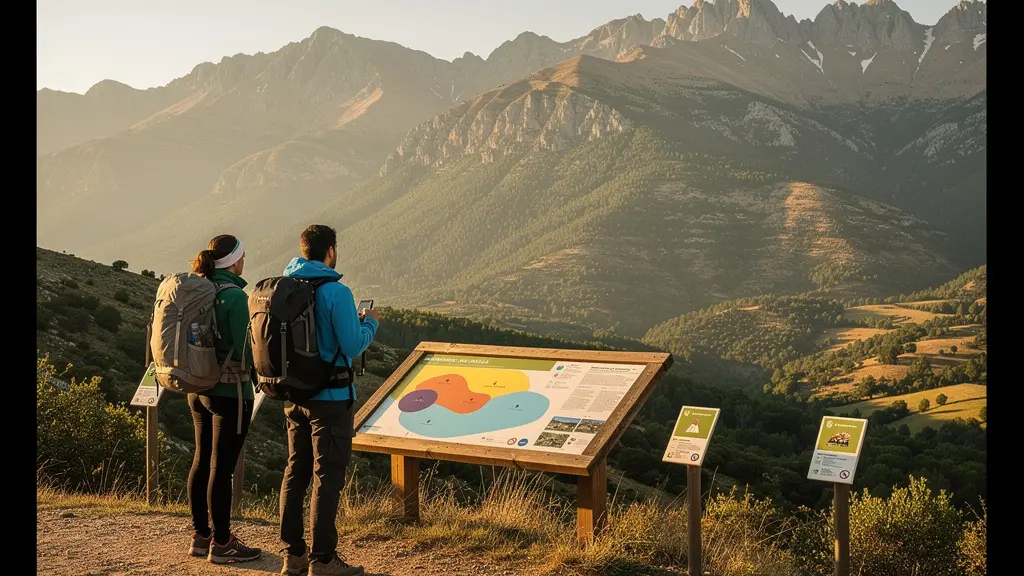 Senderistas contemplando paisaje de montaña en reserva de biosfera española con señalización de zonas protegidas