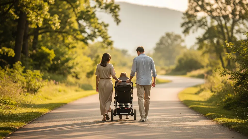 Familia con carrito de bebé en sendero asfaltado rodeado de naturaleza