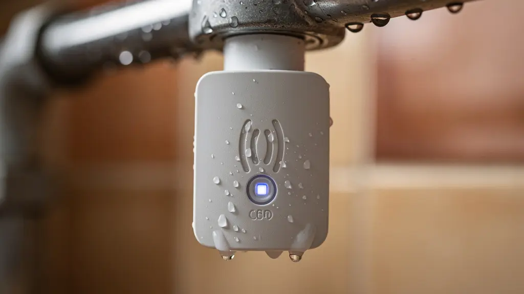 Detalle macro de sensor de agua inteligente instalado bajo fregadero detectando humedad