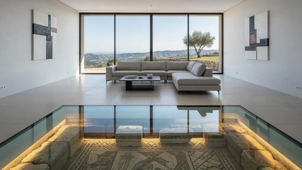 Interior moderno con suelo de cristal mostrando restos arqueológicos romanos iluminados