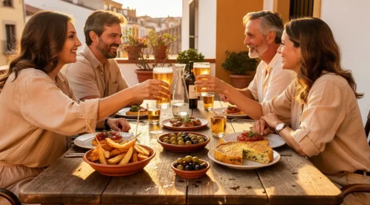 Grupo de amigos disfrutando de tapas y bebidas en una terraza española durante el tardeo