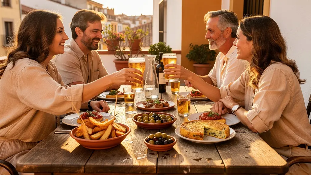Grupo de amigos disfrutando de tapas y bebidas en una terraza española durante el tardeo