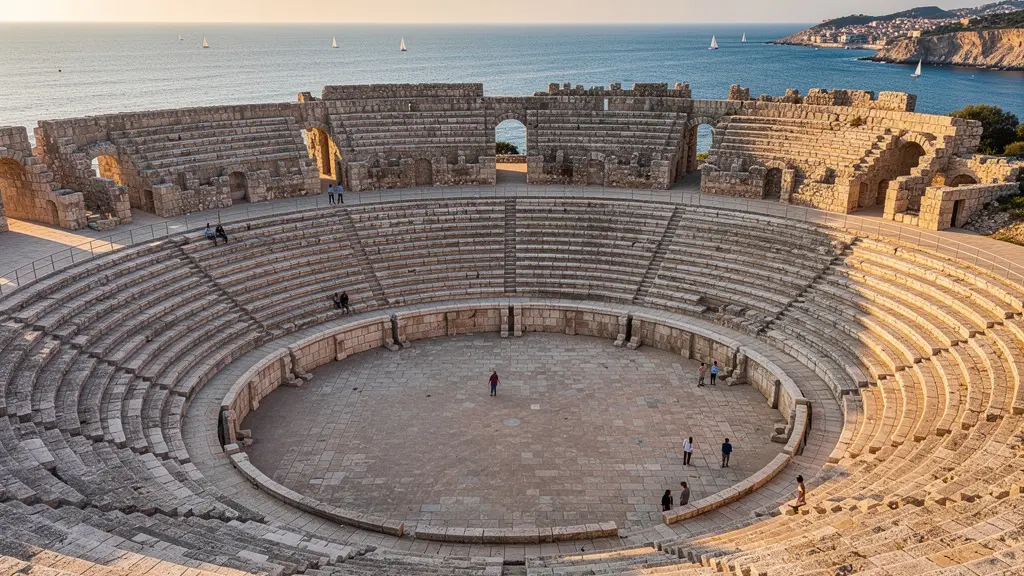 Anfiteatro romano de Tarragona al atardecer con pocos visitantes contemplando el mar Mediterráneo