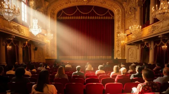 Vista panorámica de una sala de teatro llena con luces doradas y público expectante en España