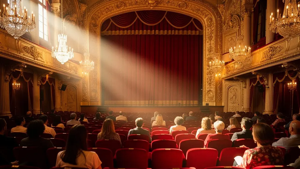 Vista panorámica de una sala de teatro llena con luces doradas y público expectante en España