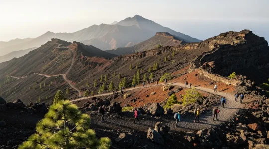 Vista panorámica de senderos con visitantes entre formaciones volcánicas y montañas españolas