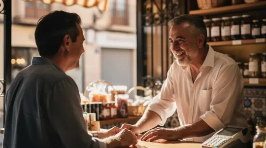 Pequeño comercio local tradicional con propietario atendiendo personalmente a cliente, mostrando ventana luminosa y tecnología integrada sutilmente