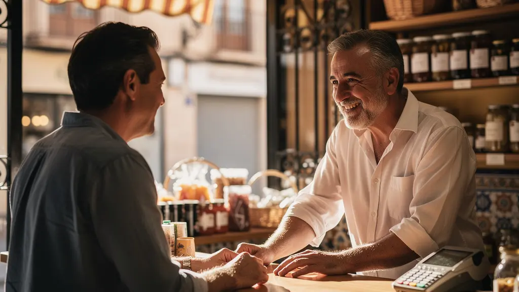 Pequeño comercio local tradicional con propietario atendiendo personalmente a cliente, mostrando ventana luminosa y tecnología integrada sutilmente