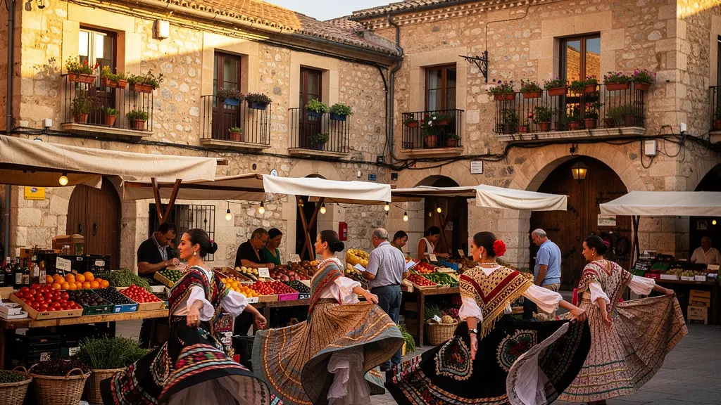 Vista panorámica de diversas tradiciones españolas con castellers formando torre humana, música flamenca y ambiente de mercado local