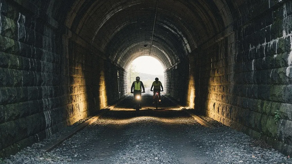 Ciclistas con luces potentes atravesando un túnel oscuro de vía verde