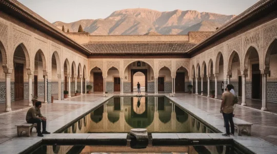 Vista serena del patio de los Arrayanes en la Alhambra con visitantes disfrutando tranquilamente del espacio al atardecer dorado