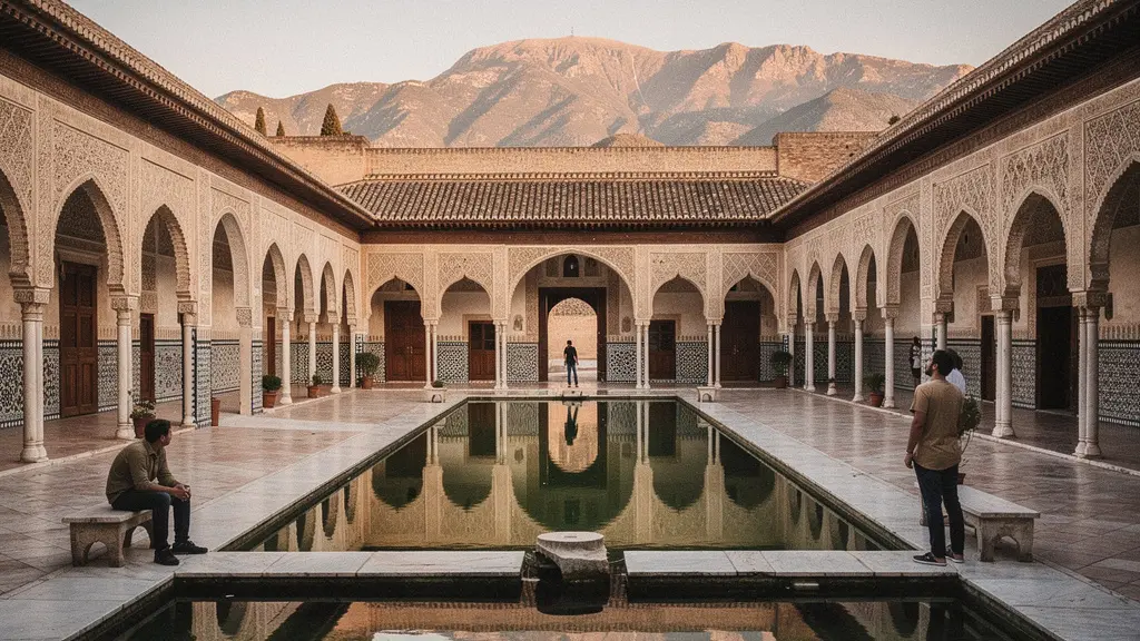Vista serena del patio de los Arrayanes en la Alhambra con visitantes disfrutando tranquilamente del espacio al atardecer dorado