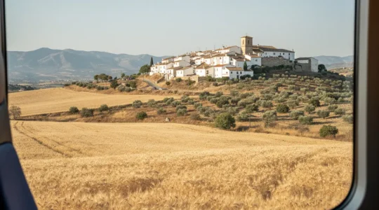 Vista desde la ventanilla de un tren regional atravesando la España rural con campos dorados y pueblos al fondo
