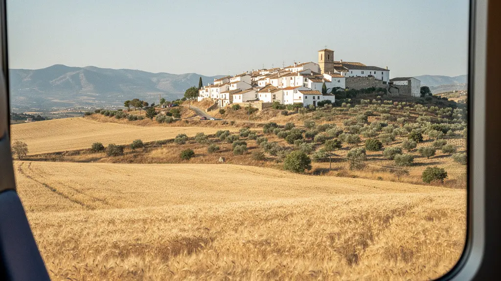 Vista desde la ventanilla de un tren regional atravesando la España rural con campos dorados y pueblos al fondo