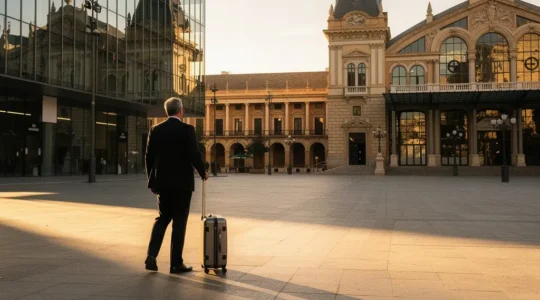 Ejecutivo con maleta entre arquitectura moderna y tradicional española al atardecer