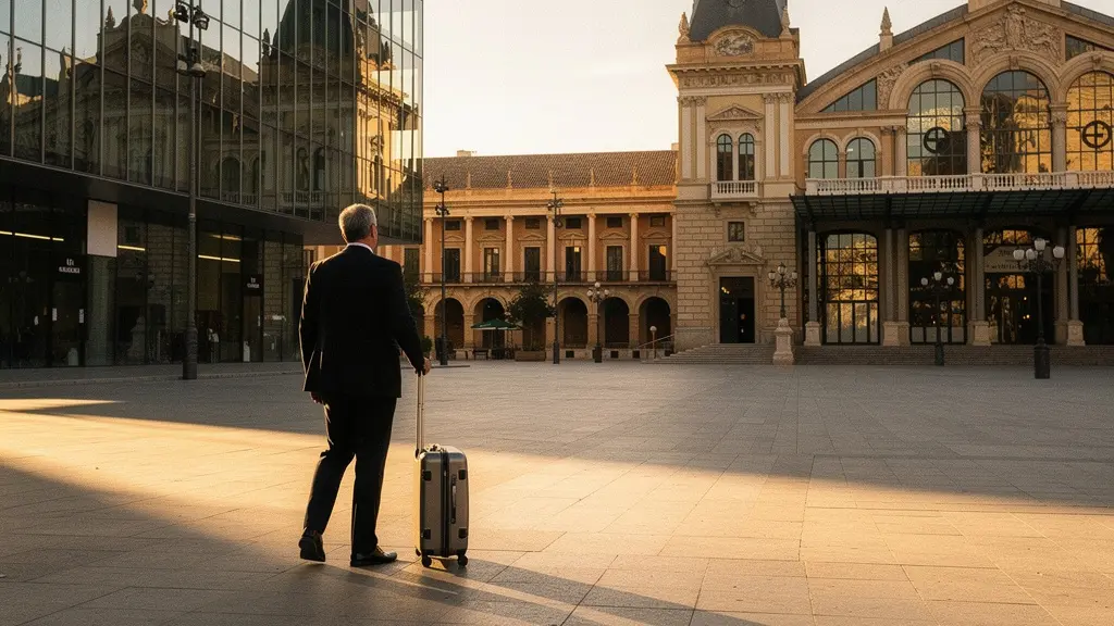 Ejecutivo con maleta entre arquitectura moderna y tradicional española al atardecer