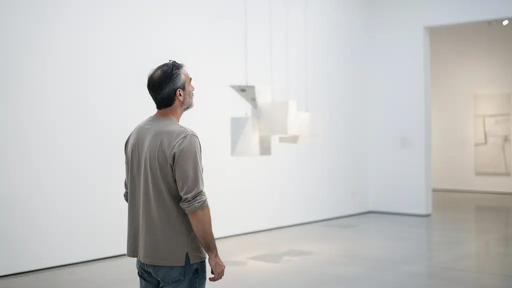 Visitante en un museo de arte contemporáneo observando una instalación conceptual con expresión curiosa