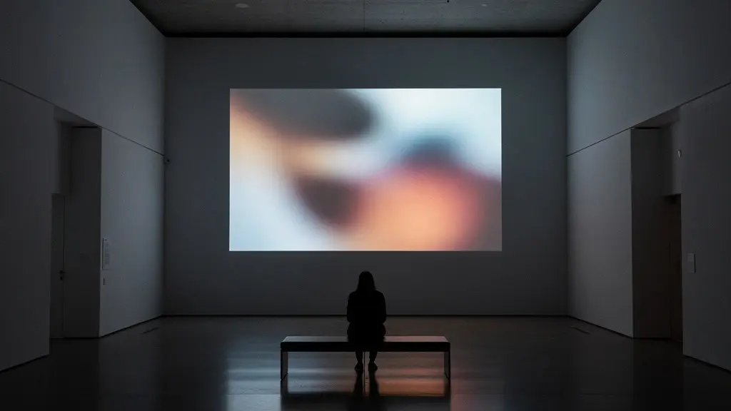 Persona sentada en banco de museo observando proyección de videoarte en sala oscura
