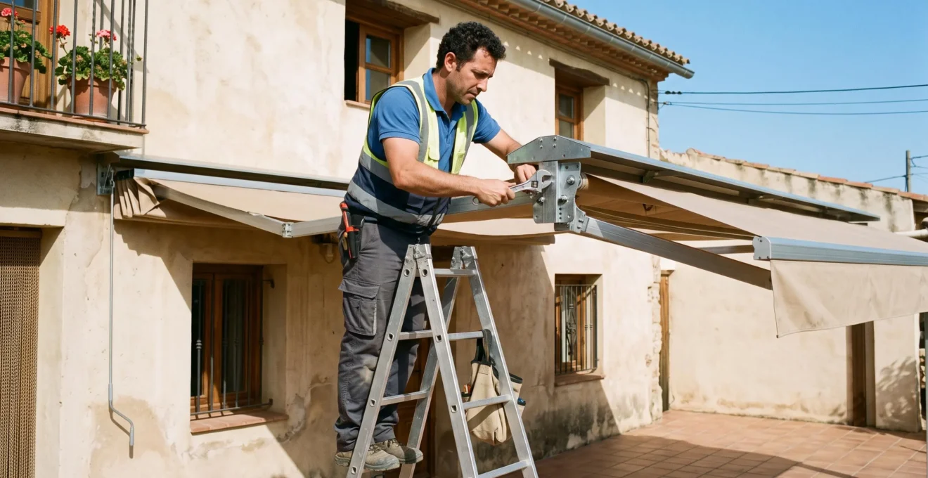 Instalador profesional ajustando la estructura de un toldo a dos aguas en una fachada española