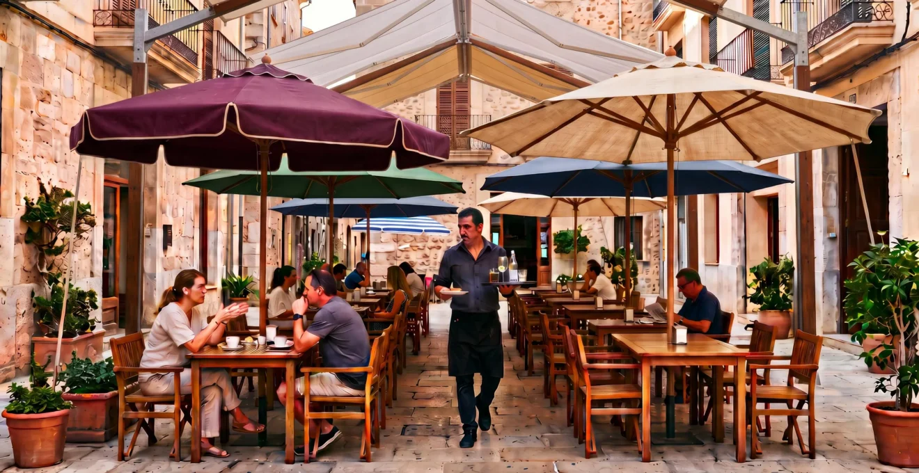 Toldo a dos aguas cubriendo la terraza de un café español con camarero atendiendo mesas