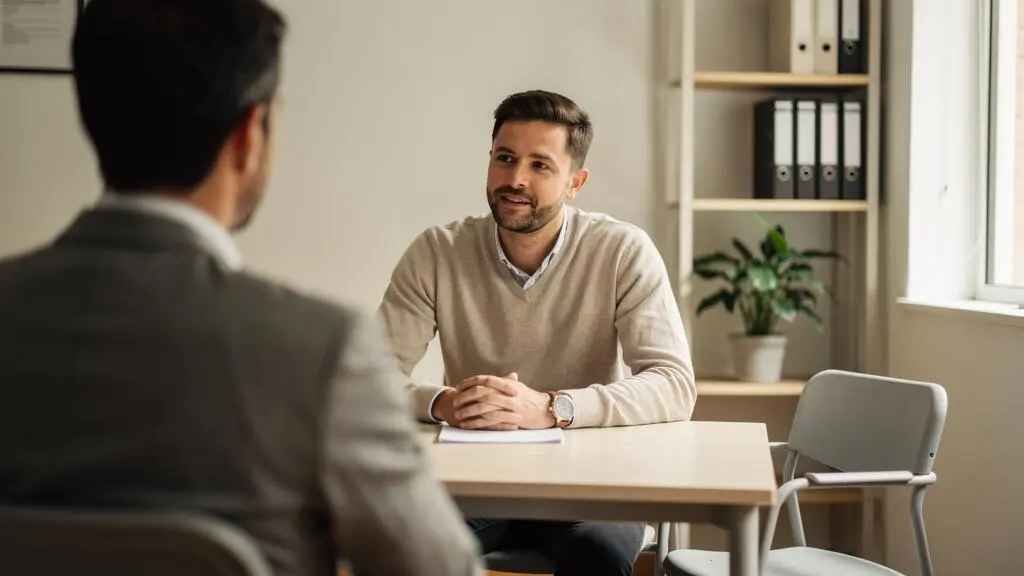 Una reclutadora conduce una entrevista de trabajo a una candidata en una agencia.